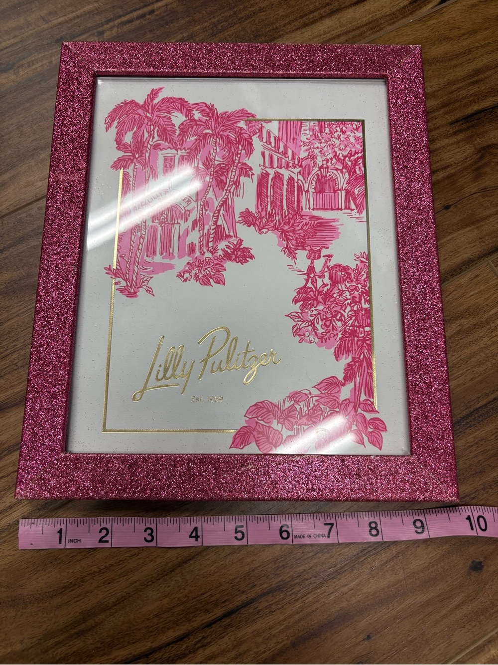 Lilly Pulitzer framed art showcases pink & white "Palm Beach Toile", like new
